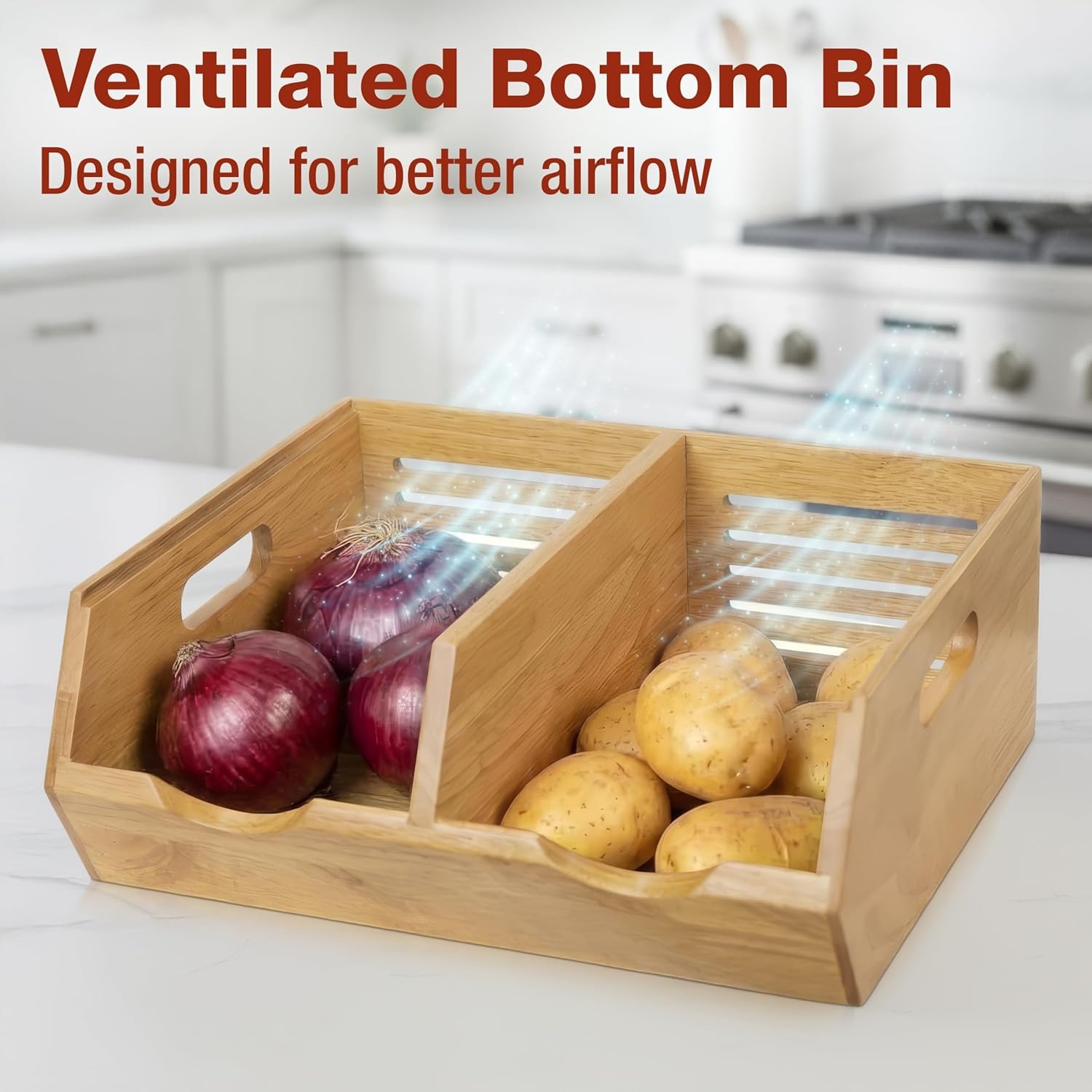 image:imageHOMESTEAD Stackable Solid Wood Storage Bins for Pantry amp Countertop Ventilated Potato and Onion Organizer with Handles Wooden Produce Storage Containers NaturalNatural
