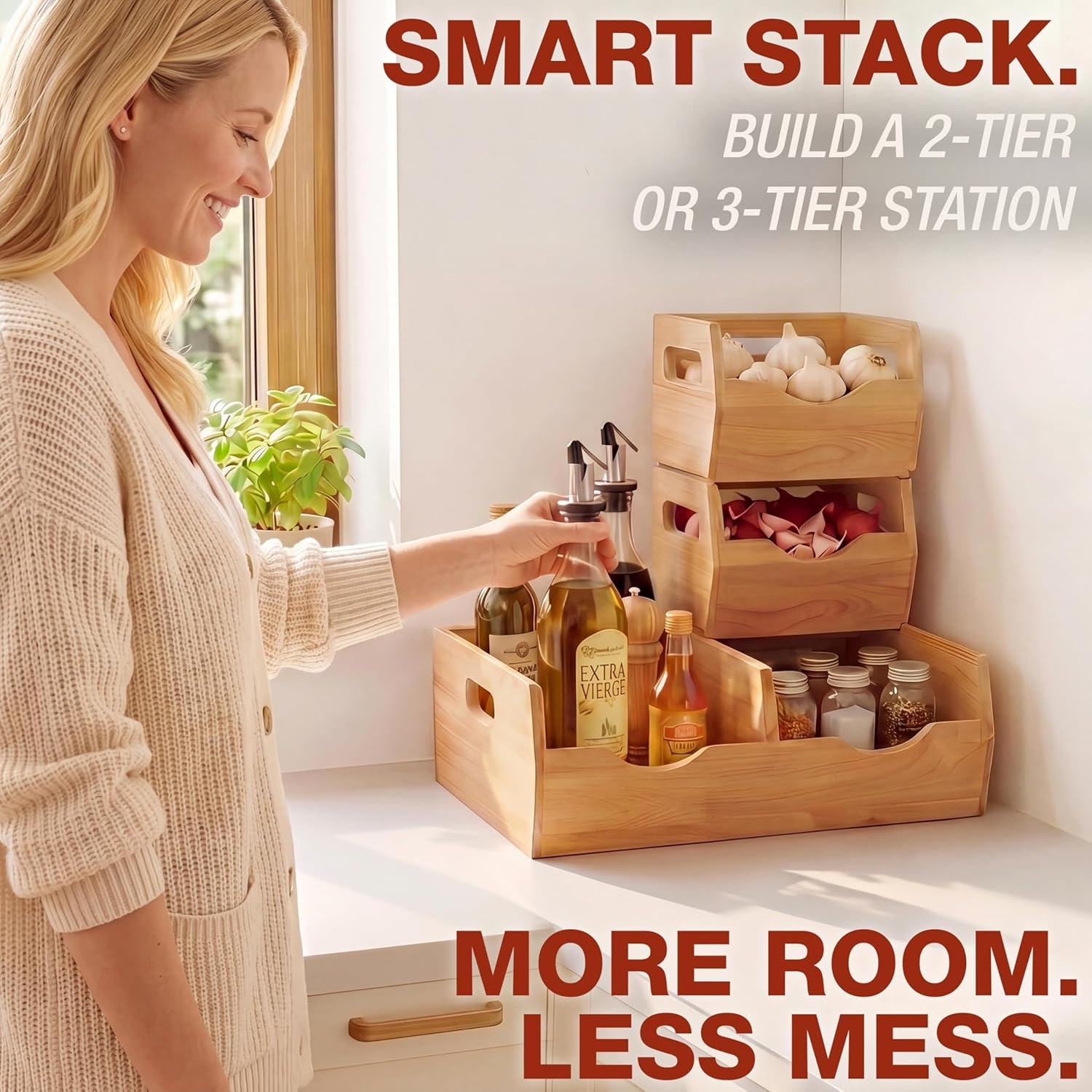 image:imageHOMESTEAD Stackable Solid Wood Storage Bins for Pantry amp Countertop Ventilated Potato and Onion Organizer with Handles Wooden Produce Storage Containers NaturalNatural Wood