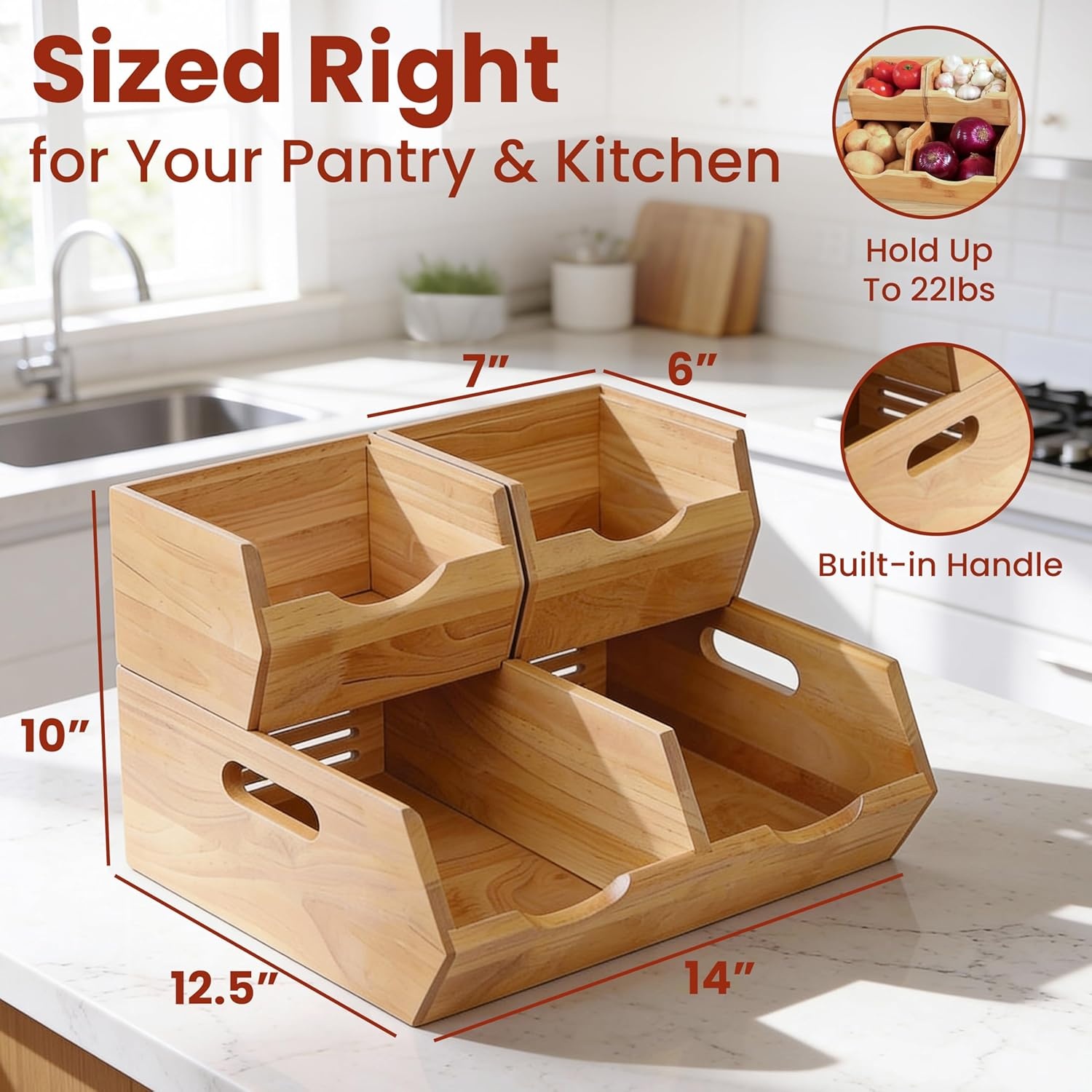 image:imageHOMESTEAD Stackable Solid Wood Storage Bins for Pantry amp Countertop Ventilated Potato and Onion Organizer with Handles Wooden Produce Storage Containers NaturalNatural