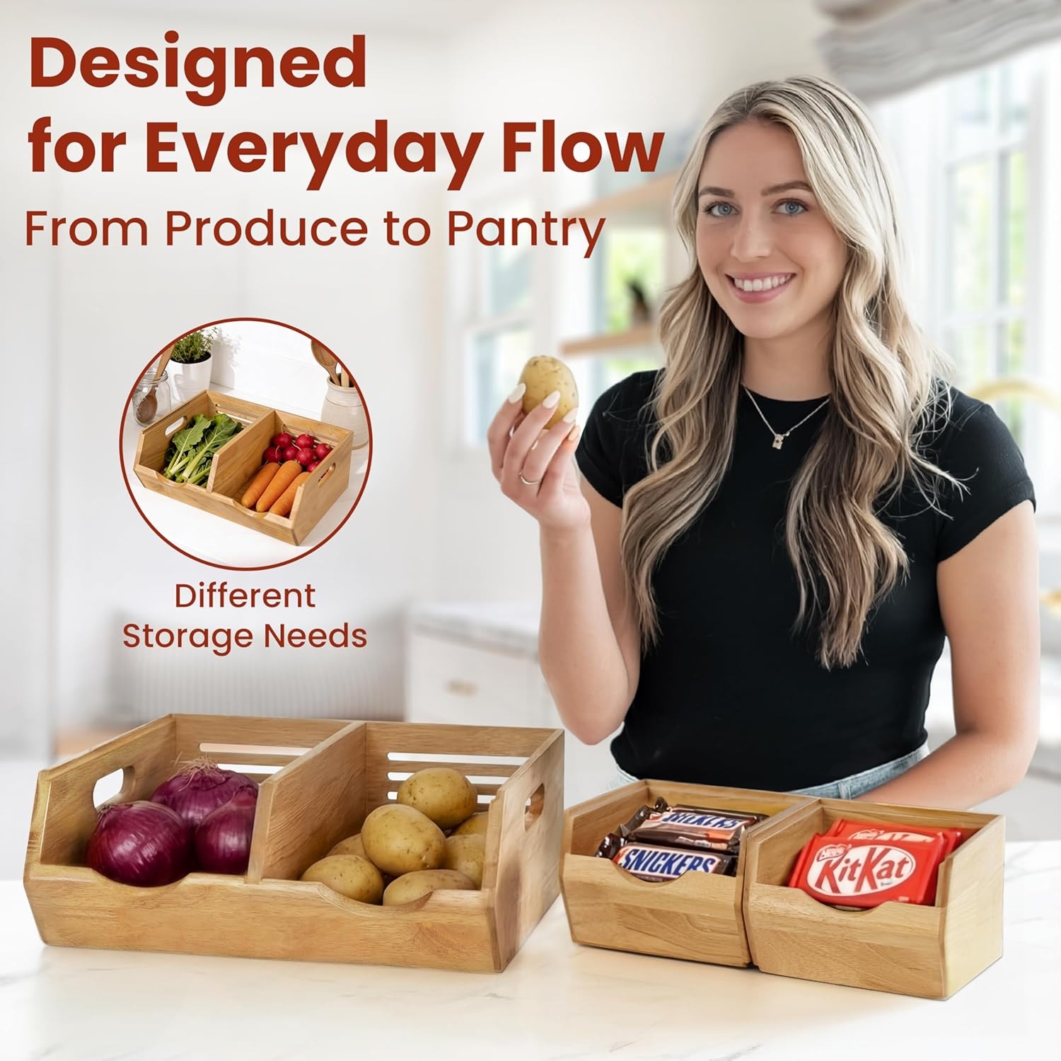 image:imageHOMESTEAD Stackable Solid Wood Storage Bins for Pantry amp Countertop Ventilated Potato and Onion Organizer with Handles Wooden Produce Storage Containers NaturalNatural