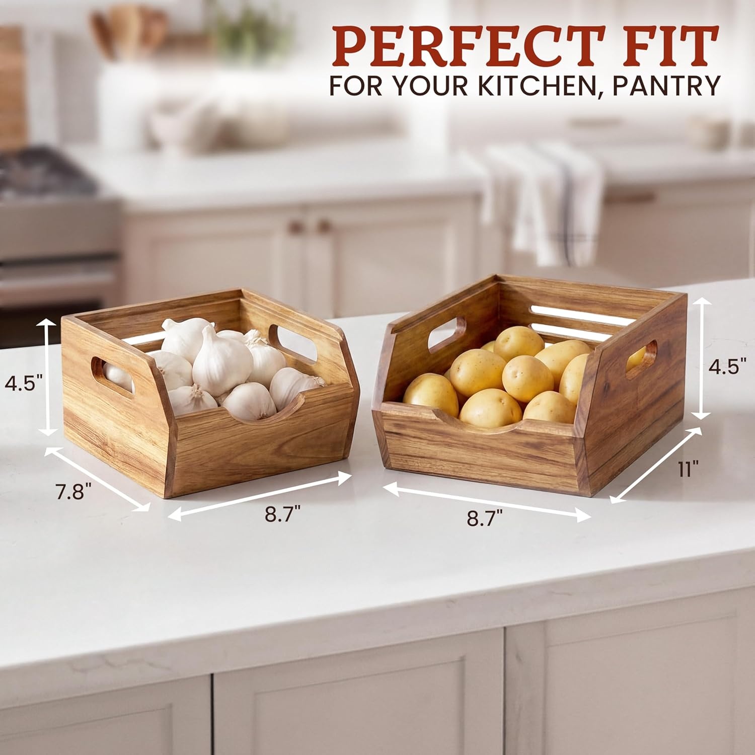 image:imageHOMESTEAD Stackable Solid Wood Storage Bins for Pantry amp Countertop Ventilated Potato and Onion Organizer with Handles Wooden Produce Storage Containers NaturalNatural