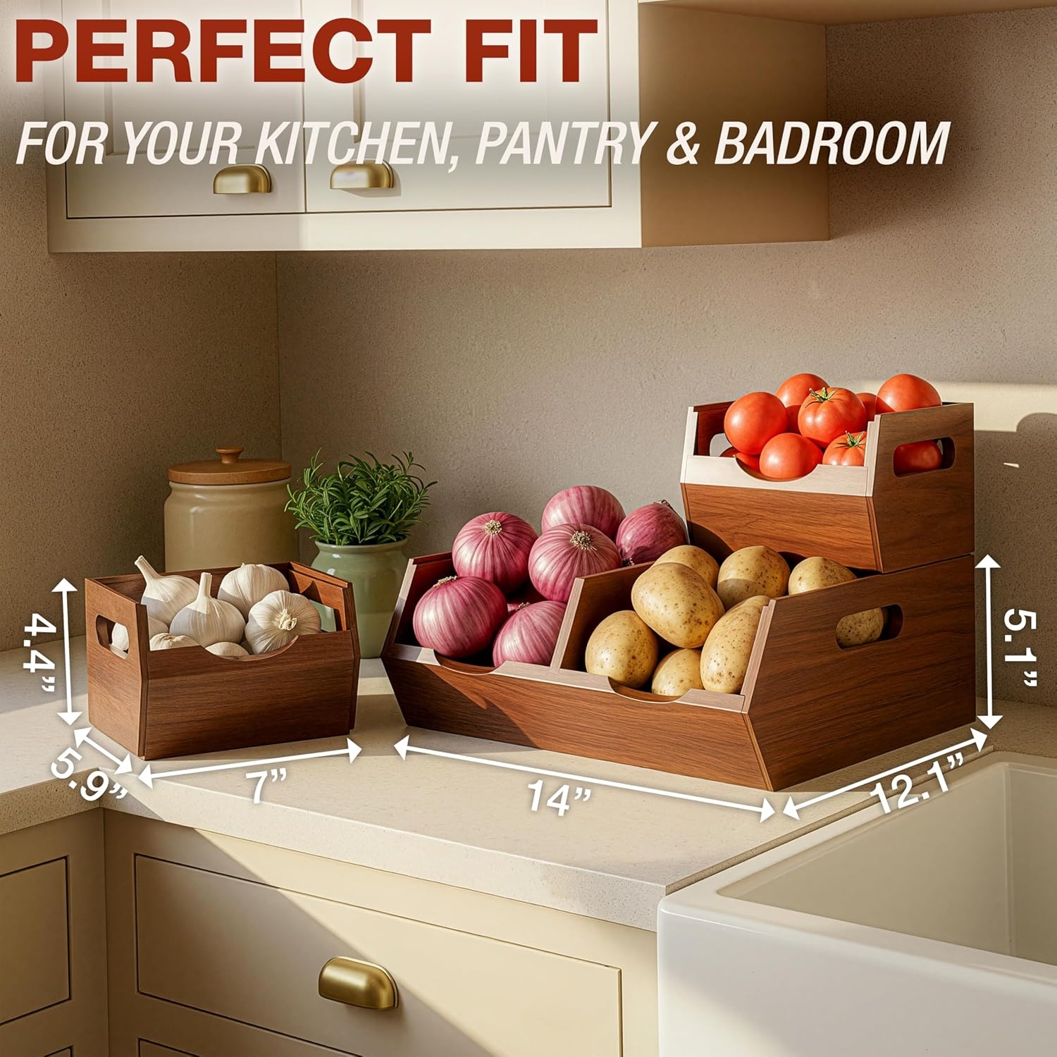image:imageHOMESTEAD Stackable Solid Wood Storage Bins for Pantry amp Countertop Ventilated Potato and Onion Organizer with Handles Wooden Produce Storage Containers NaturalChestnut