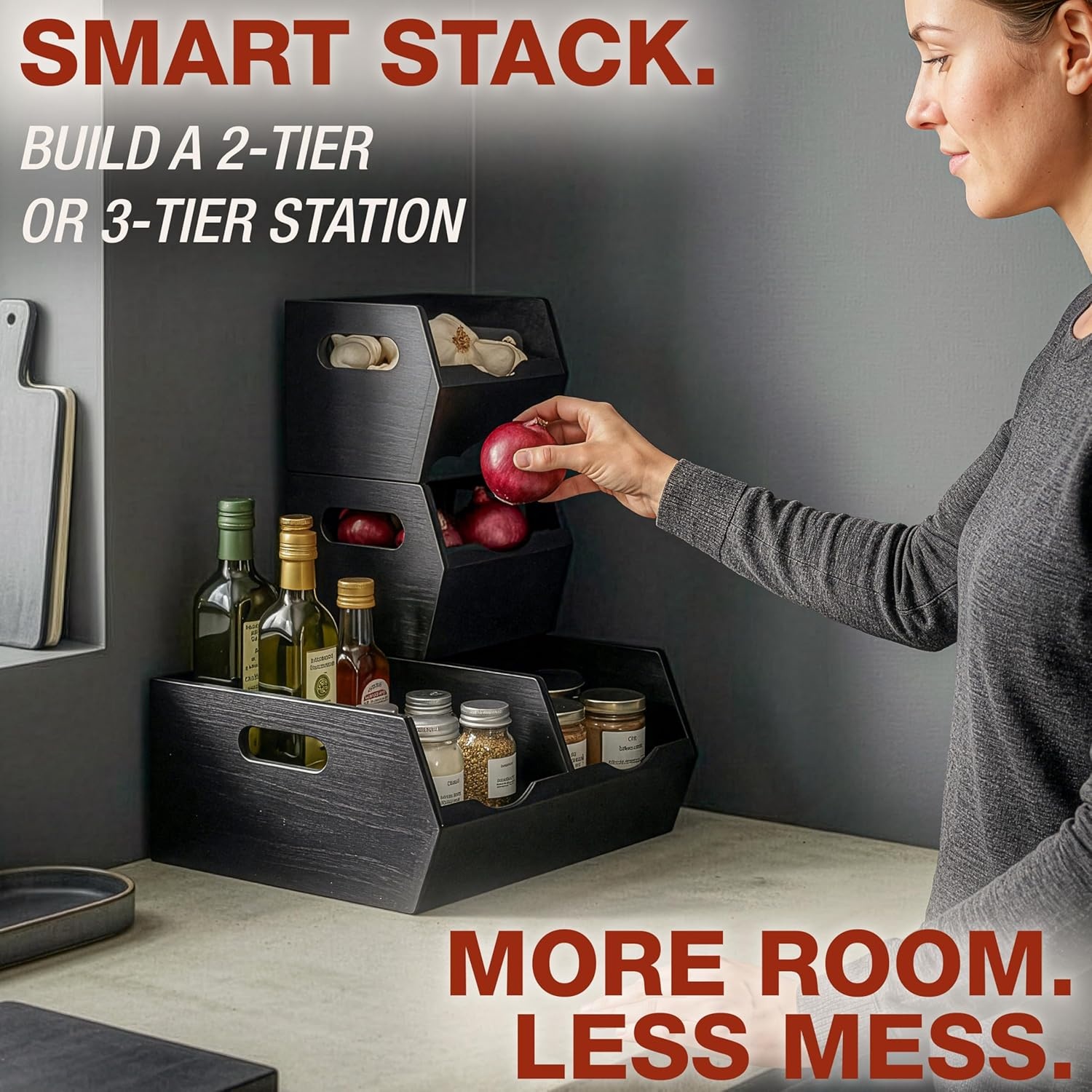 image:imageHOMESTEAD Stackable Solid Wood Storage Bins for Pantry amp Countertop Ventilated Potato and Onion Organizer with Handles Wooden Produce Storage Containers NaturalBlack