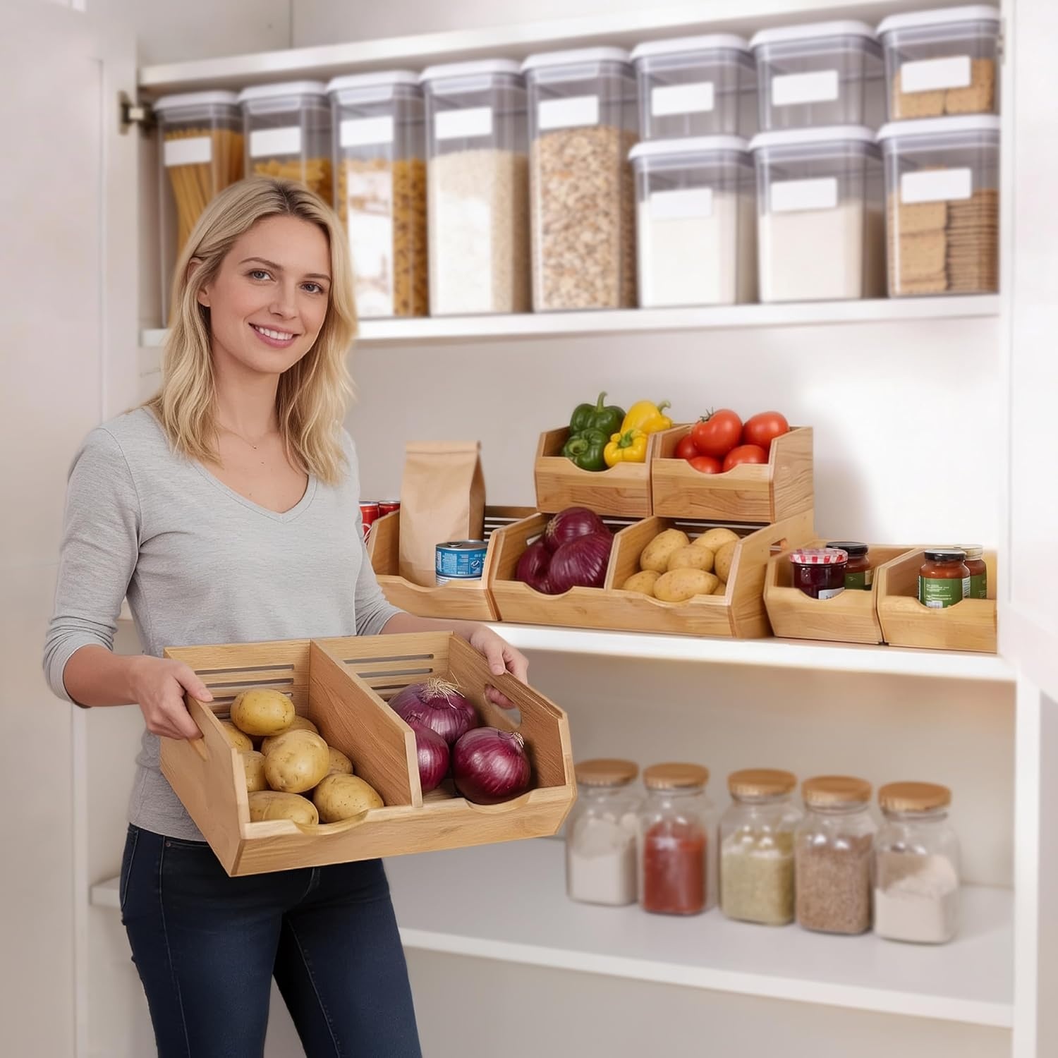 image:imageHOMESTEAD Stackable Solid Wood Storage Bins for Pantry amp Countertop Ventilated Potato and Onion Organizer with Handles Wooden Produce Storage Containers NaturalNatural