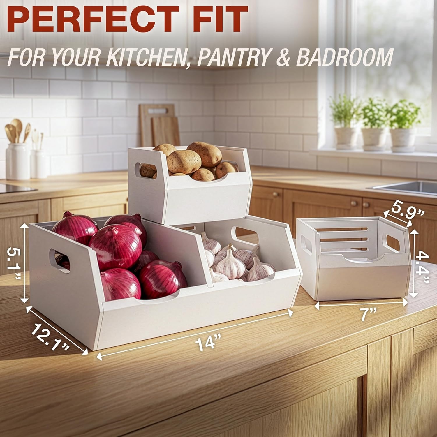 image:imageHOMESTEAD Stackable Solid Wood Storage Bins for Pantry amp Countertop Ventilated Potato and Onion Organizer with Handles Wooden Produce Storage Containers NaturalWhite