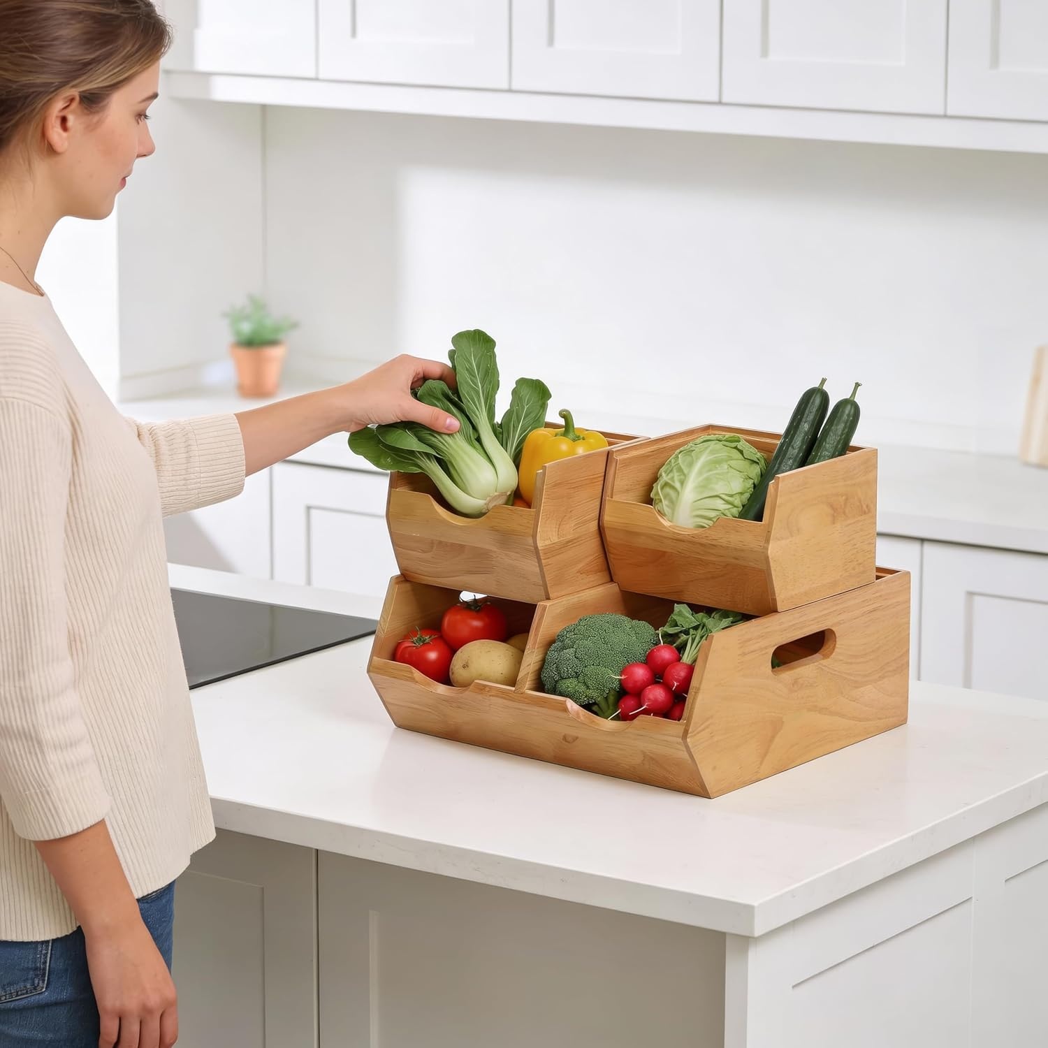 image:imageHOMESTEAD Stackable Solid Wood Storage Bins for Pantry amp Countertop Ventilated Potato and Onion Organizer with Handles Wooden Produce Storage Containers NaturalNatural