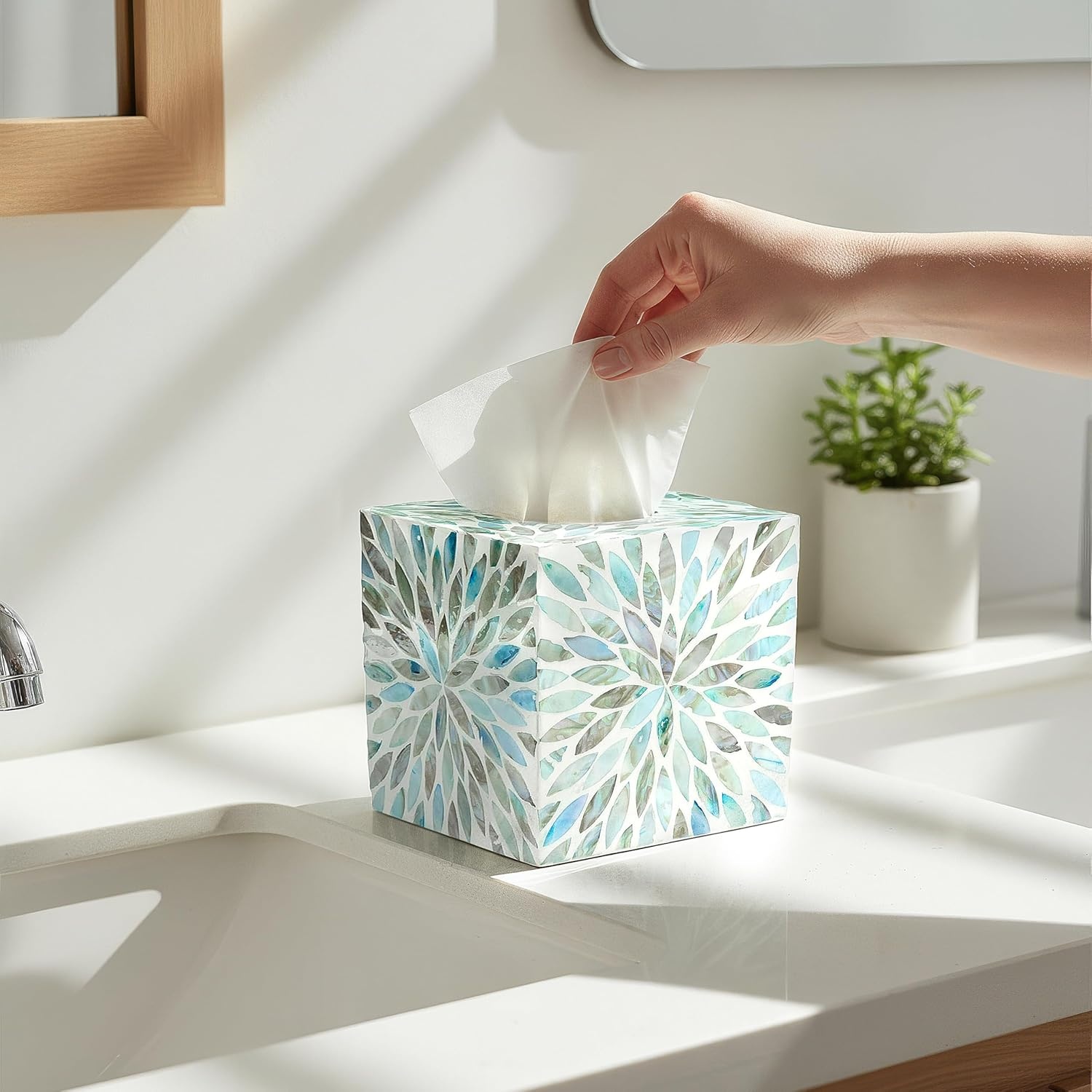 image:imageHOMESTEAD Tissue Box Cover Square Decorative Facial Tissues Holder for Bathroom Table Kitchen Office Car with Bottom Slider 54 x 54 x 57 inch Aqua Flower