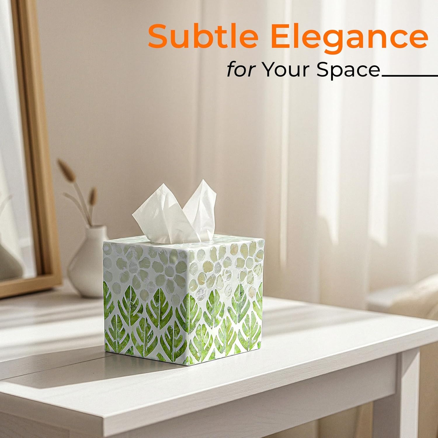 image:imageHOMESTEAD Tissue Box Cover Square Decorative Facial Tissues Holder for Bathroom Table Kitchen Office Car with Bottom Slider 54 x 54 x 57 inch Green Leaf
