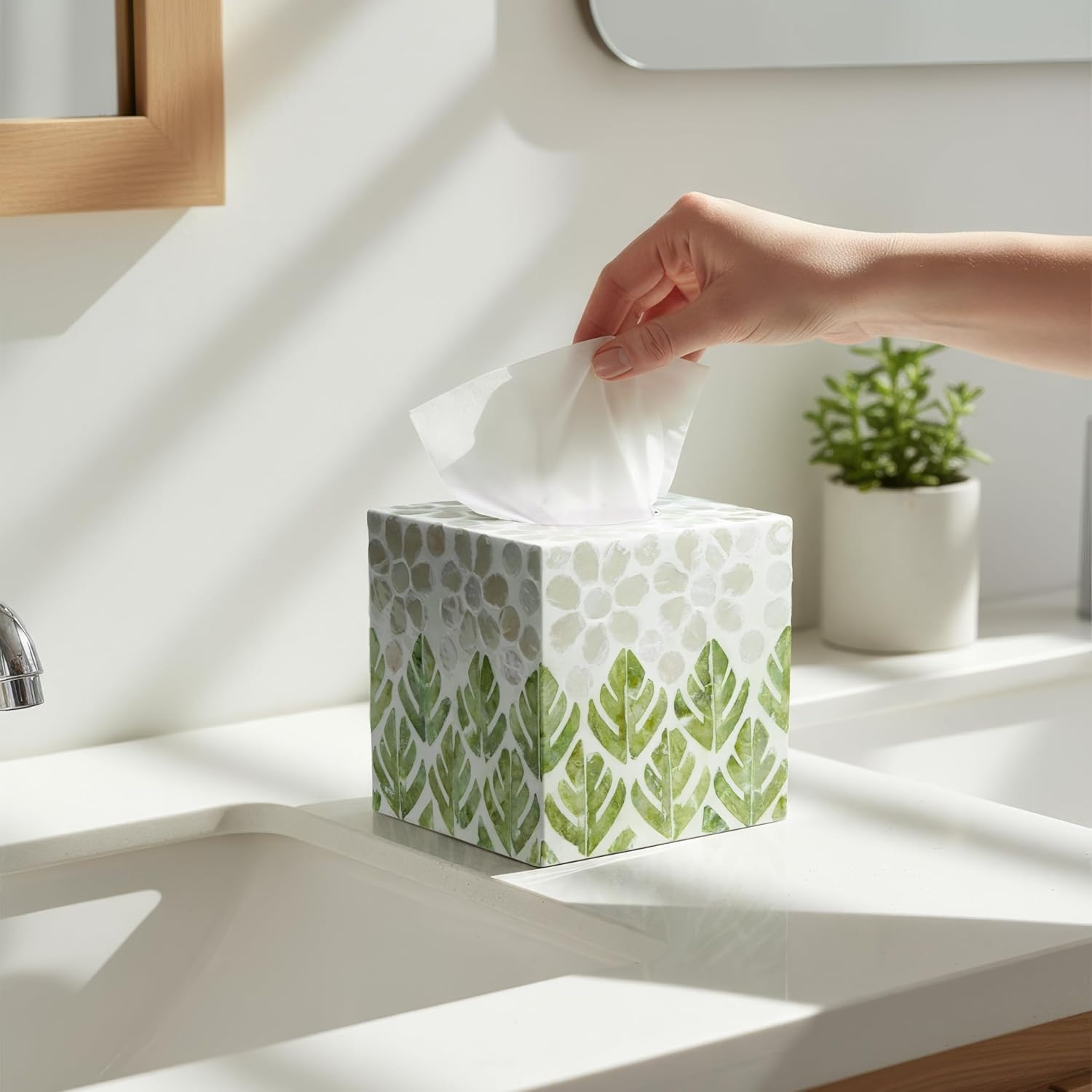 image:imageHOMESTEAD Tissue Box Cover Square Decorative Facial Tissues Holder for Bathroom Table Kitchen Office Car with Bottom Slider 54 x 54 x 57 inch Green Leaf