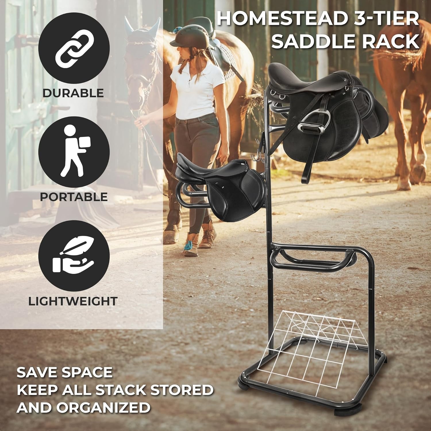 image:imageHomestead 220 Lbs Rolling Saddle Rack Cart with Basket Heavy Duty Saddle Stand for Western Horse Gear Organizers and Storage for Tack Room Bridle Horse Lovers Cowboy 3 Tier Saddle Rack Carts88 Lbs