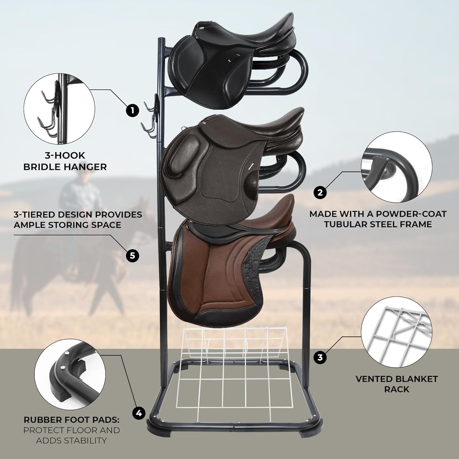image:imageHomestead 220 Lbs Rolling Saddle Rack Cart with Basket Heavy Duty Saddle Stand for Western Horse Gear Organizers and Storage for Tack Room Bridle Horse Lovers Cowboy 3 Tier Saddle Rack Carts88 Lbs