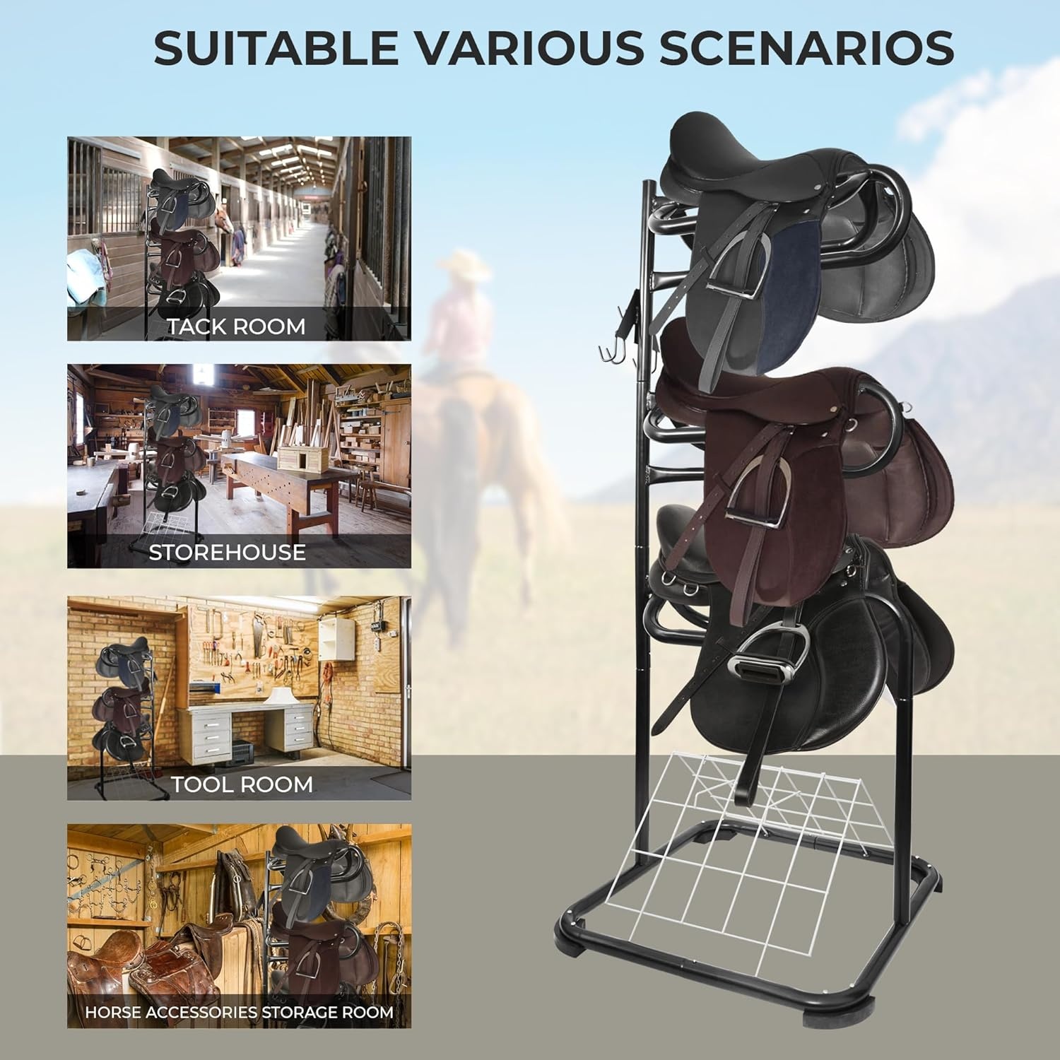 image:imageHomestead 220 Lbs Rolling Saddle Rack Cart with Basket Heavy Duty Saddle Stand for Western Horse Gear Organizers and Storage for Tack Room Bridle Horse Lovers Cowboy 3 Tier Saddle Rack Carts88 Lbs