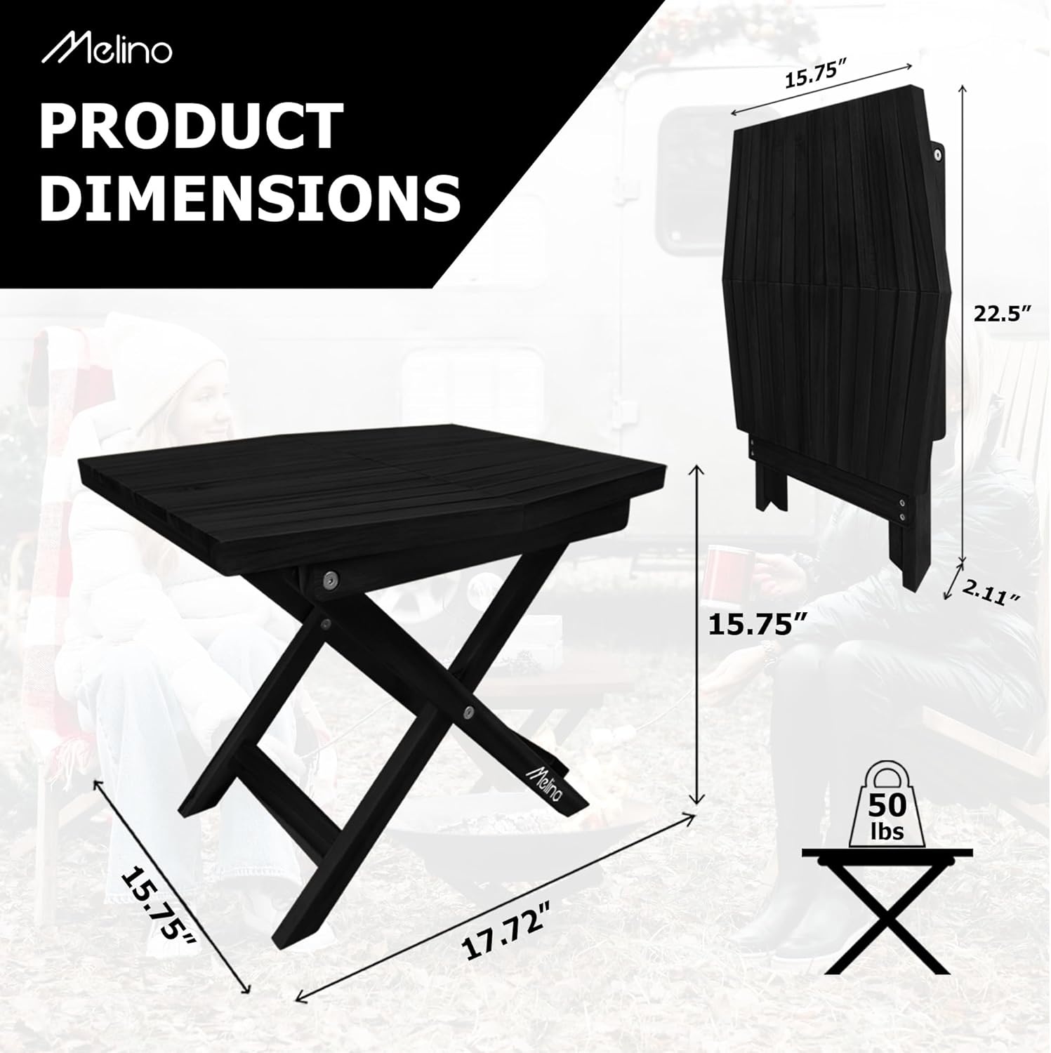 image:imageMelino Wooden Folding Outdoor Side Table 18x16x16 in FSC Certified Acacia Wood Weatherproof Small Table for Patio Porch Pool Backyard Garden Balcony amp Deck NaturalBlack
