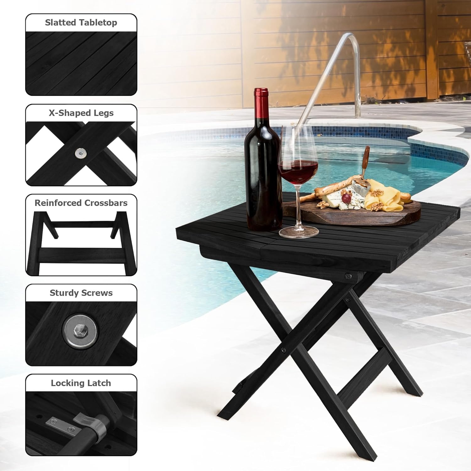 image:imageMelino Wooden Folding Outdoor Side Table 18x16x16 in FSC Certified Acacia Wood Weatherproof Small Table for Patio Porch Pool Backyard Garden Balcony amp Deck NaturalBlack