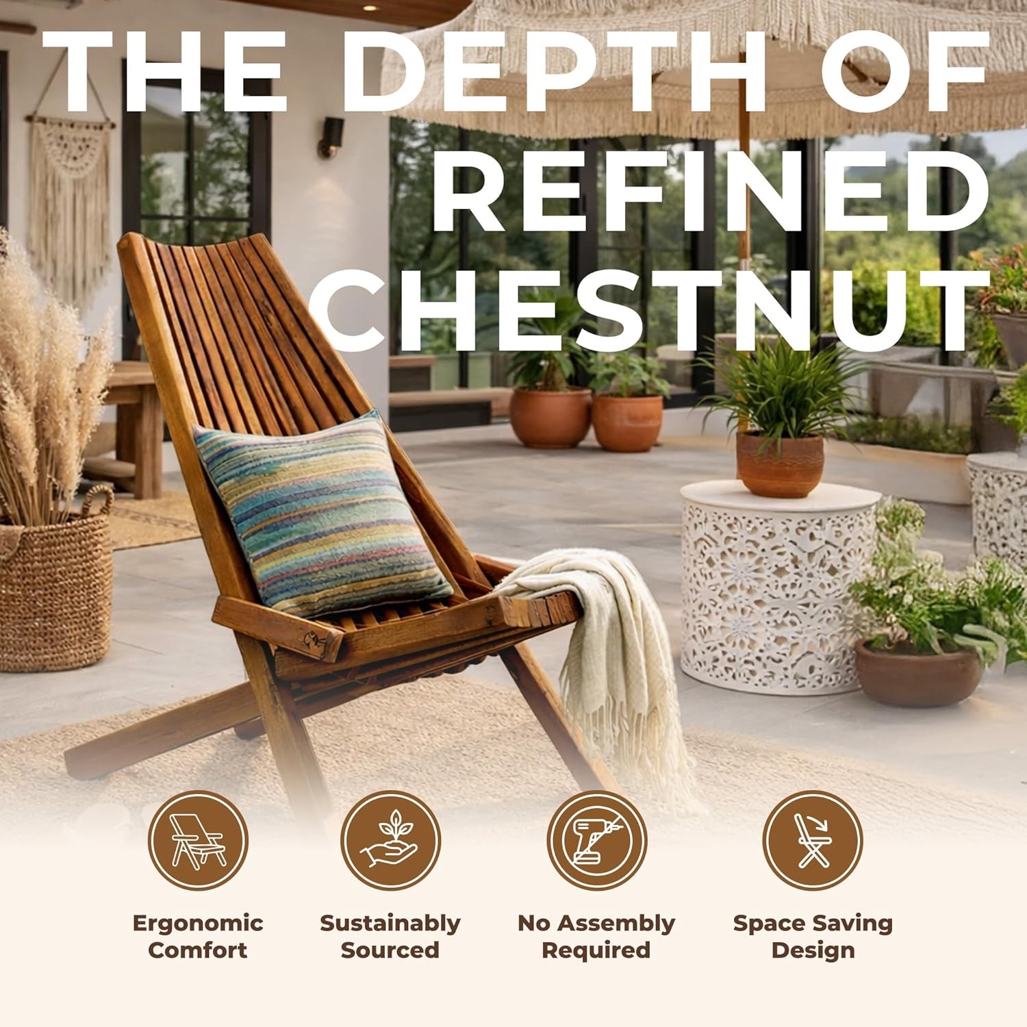 image:imageMelino Wooden Folding Tamarack Chairs FSC Certified Acacia Low Profile Adirondack Chairs Wood Folding Chair for Outdoor Patio Porch Pool Backyard Garden Balcony and Deck Chestnut Single1 Chair Chestnut