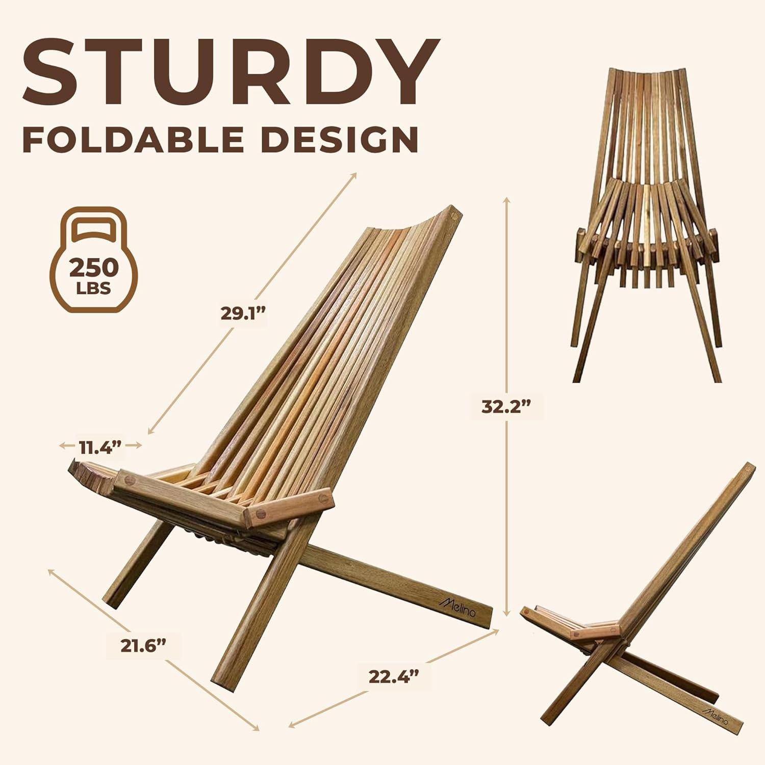 image:imageMelino Wooden Folding Tamarack Chairs FSC Certified Acacia Low Profile Adirondack Chairs Wood Folding Chair for Outdoor Patio Porch Pool Backyard Garden Balcony and Deck Chestnut Single2 Pack Natural