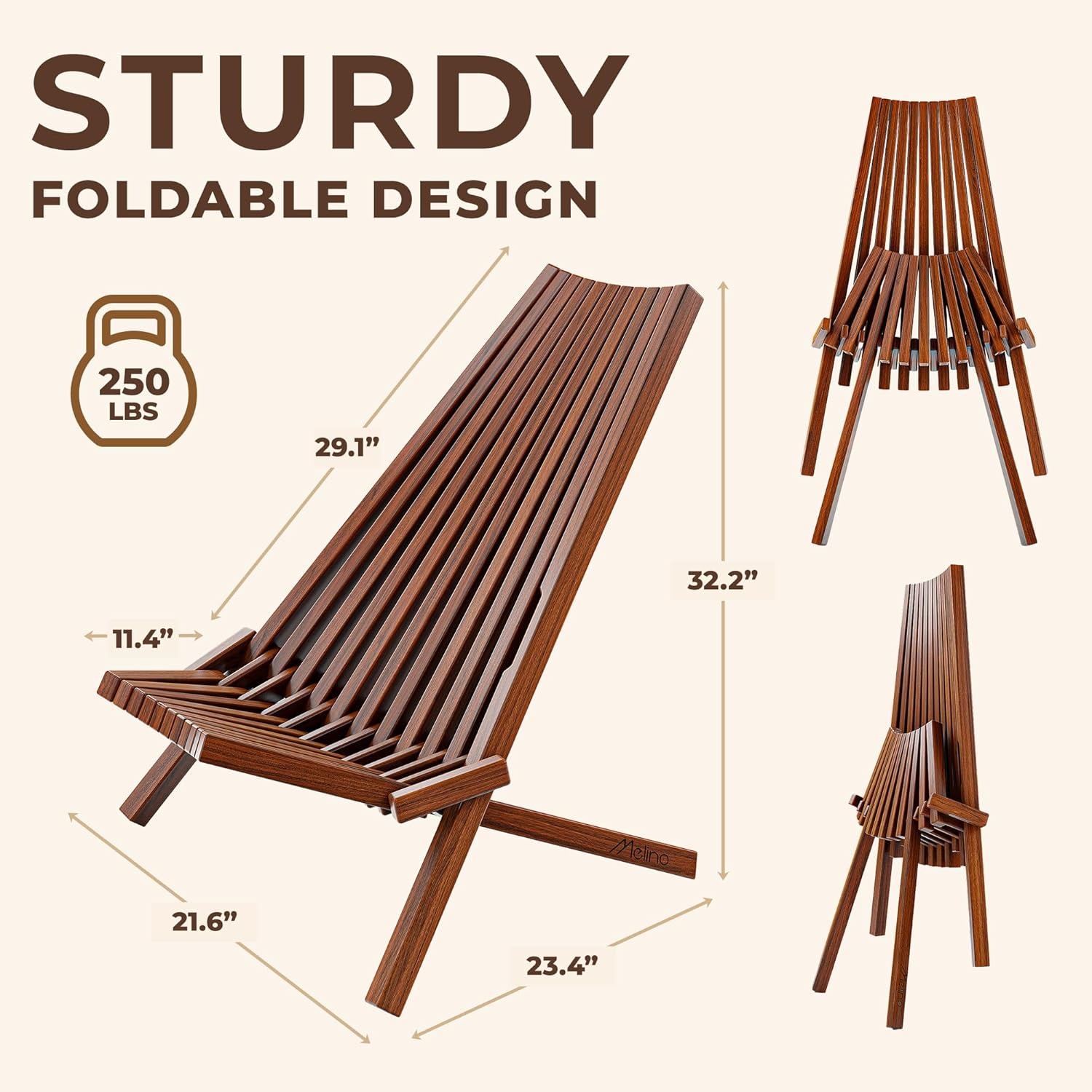 image:imageMelino Wooden Folding Tamarack Chairs FSC Certified Acacia Low Profile Adirondack Chairs Wood Folding Chair for Outdoor Patio Porch Pool Backyard Garden Balcony and Deck Chestnut Single1 Chair Chestnut