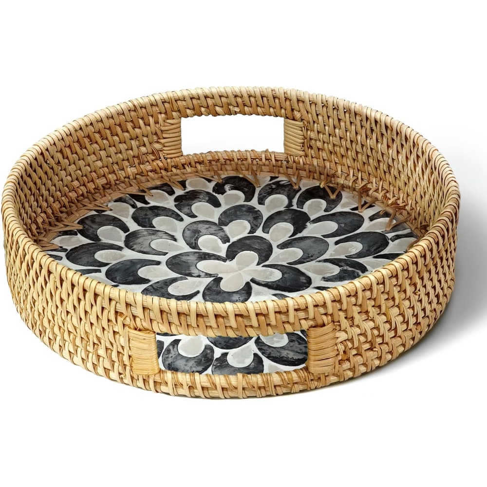image:imageHOMESTEAD 100 Handmade Round Rattan Serving Tray with BuiltIn Handles and Mother of Pearl Inlay Rattan Tray Coffee Tray Decorative Wicker Tray for Home Decor