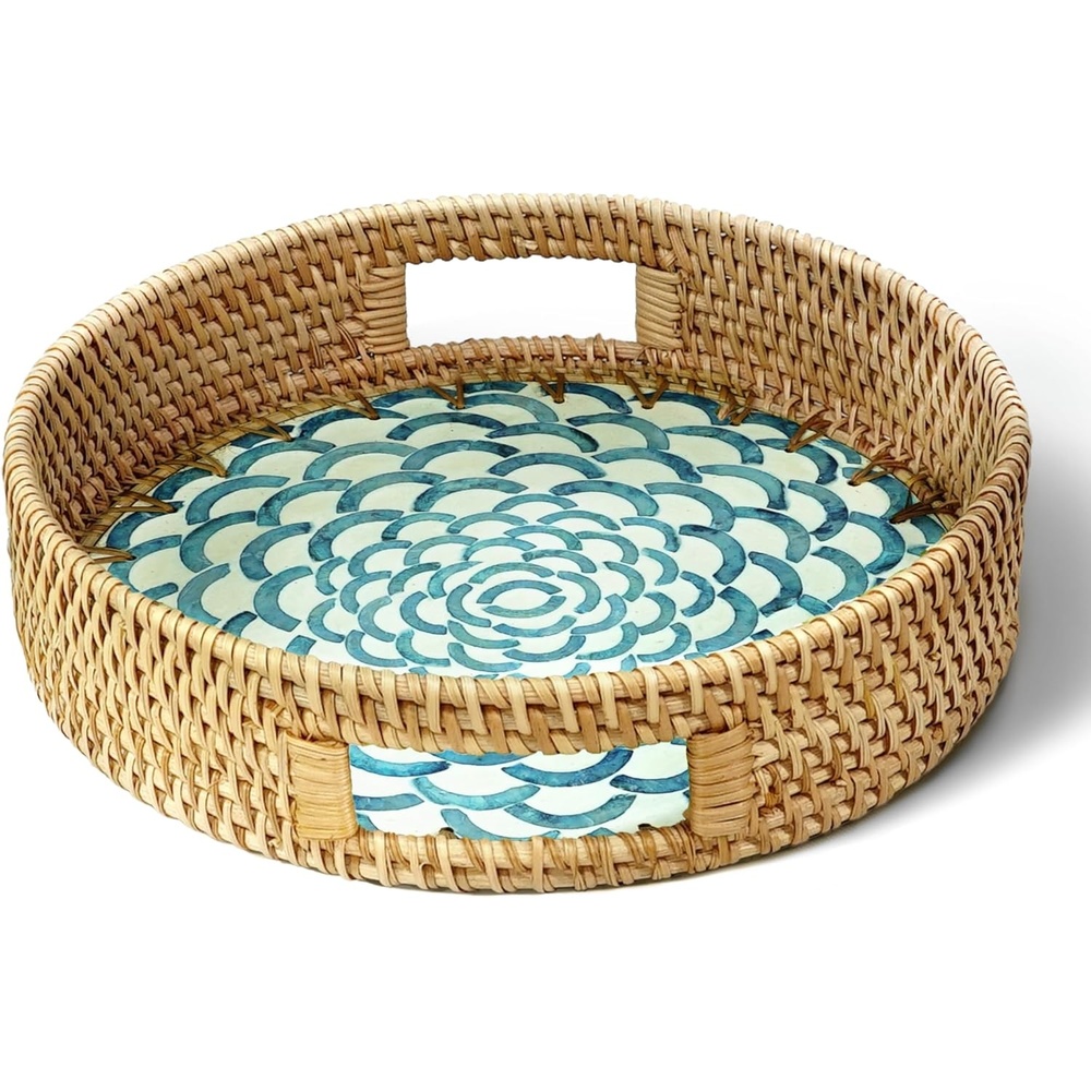 image:imageHOMESTEAD 100 Handmade Round Rattan Tray with BuiltIn Handles and Mother of Pearl Inlay Coffee Tray Rattan Serving Tray Decorative Wicker Tray for Home Decor
