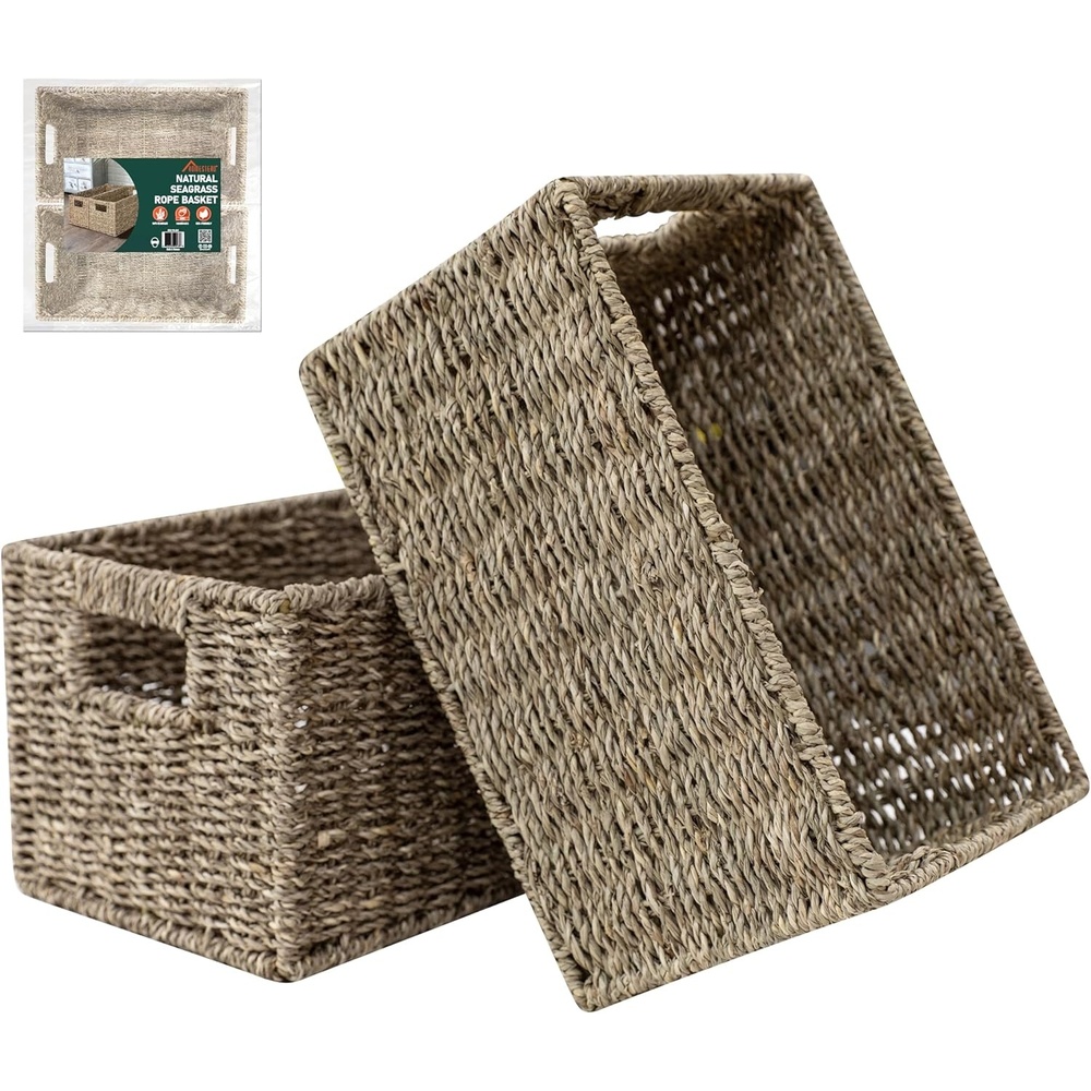 image:imageHOMESTEAD 2Pack Rectangular Seagrass Storage Baskets with BuiltIn Handles Handwoven Wicker Baskets for Pantry Shelf Closet amp Bathroom Organization 16 675 425 inSeagrass