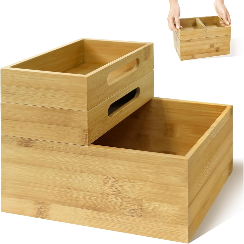 image:imageHOMESTEAD 3Piece Stackable Bamboo Storage Box Office Desk Organizer Wooden Boxes for Makeup Drawer Organizer Bathroom Office Supplies Kitchen Utensils Bamboo Storage Containers Jewelry Tray