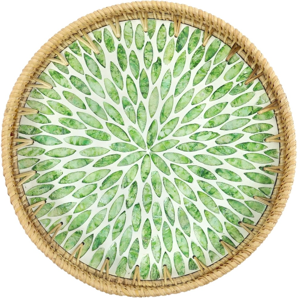 image:imageHOMESTEAD Boho Rattan Serving Tray Round Decorative Wicker Ottoman Tray with Mother of Pearl Inlay for Coffee Table Kitchen and Home Storage Green Leaf