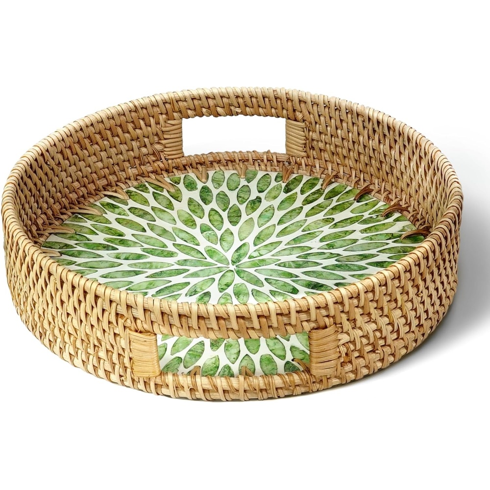 image:imageHOMESTEAD Boho Rattan Serving Tray Round Decorative Wicker Ottoman Tray with Mother of Pearl Inlay for Coffee Table Kitchen and Home Storage Green Leaf Handle