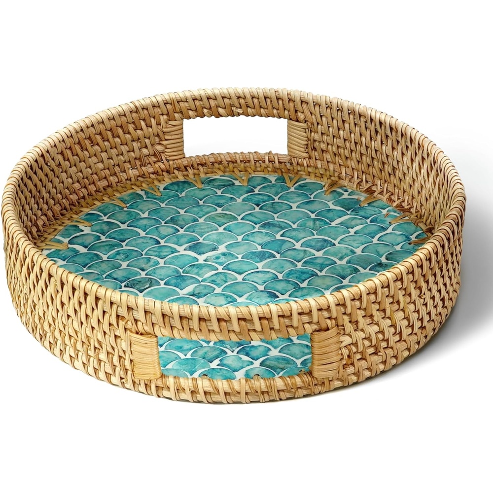 image:imageHOMESTEAD Boho Rattan Serving Tray Round Decorative Wicker Ottoman Tray with Mother of Pearl Inlay for Coffee Table Kitchen and Home Storage Handle Sea Scales