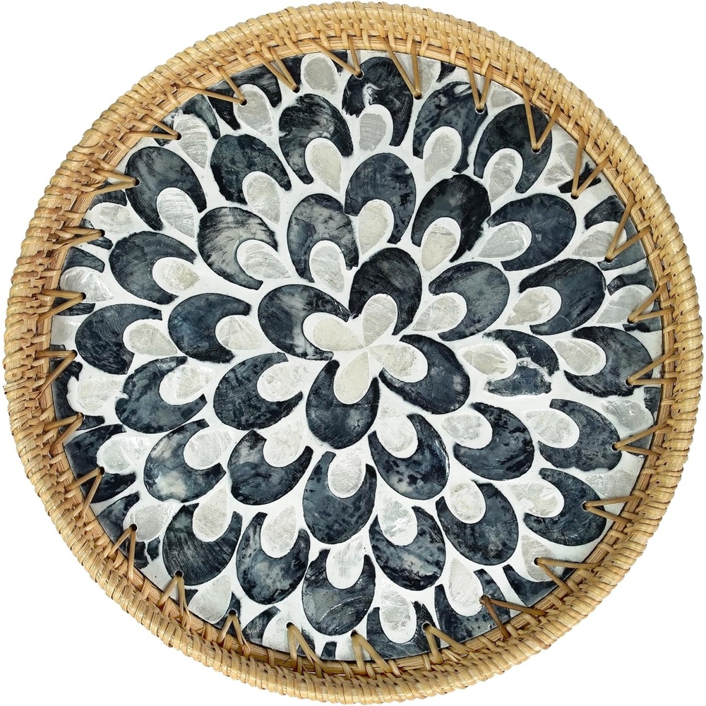 image:imageHOMESTEAD Rattan Serving Tray Round Decorative Wicker Ottoman Tray with Mother of Pearl Inlay for Coffee Table Kitchen and Home Storage Plume