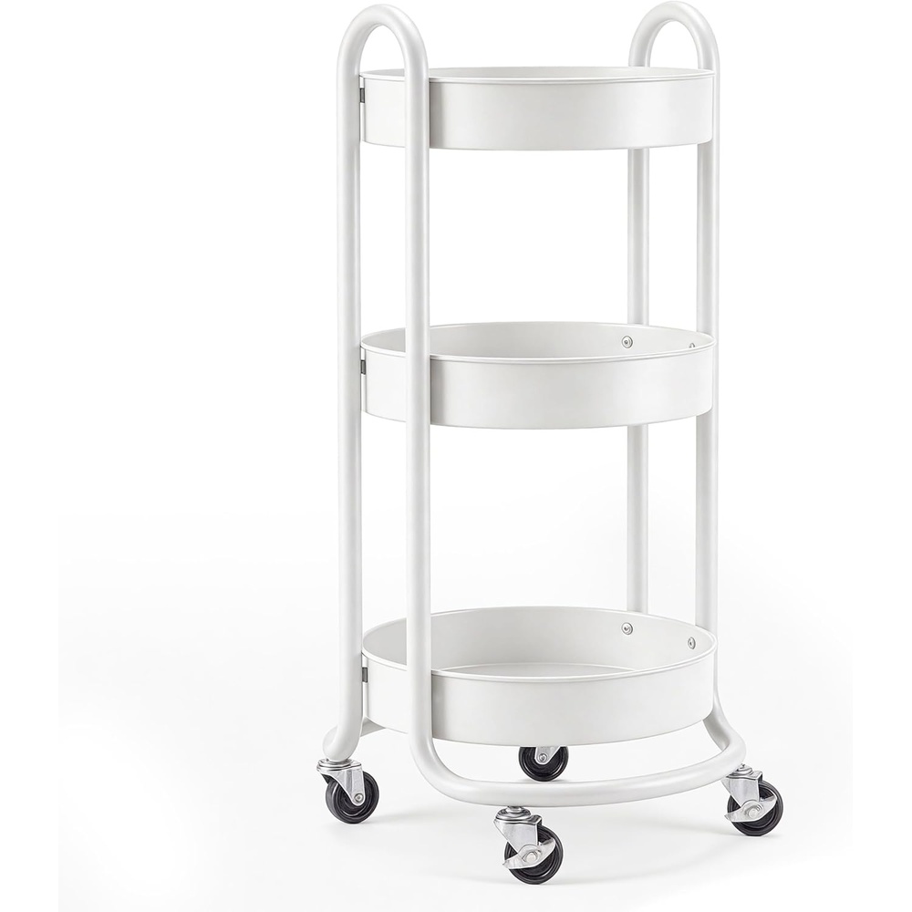 image:imageHOMESTEAD Round Rolling Cart 3 Tier Metal Utility Cart with Lockable Wheels 60 lb Heavy Duty Powder Coated Steel Frame 15 Diameter Storage Organizer for Living Room Kitchen Bedroom WhiteWhite