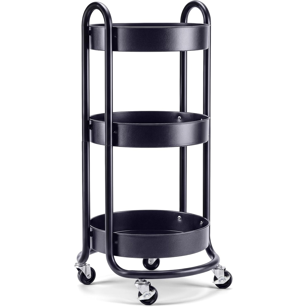 image:imageHOMESTEAD Round Rolling Cart 3 Tier Metal Utility Cart with Lockable Wheels 60 lb Heavy Duty Powder Coated Steel Frame 15 Diameter Storage Organizer for Living Room Kitchen Bedroom WhiteCharcoal Black