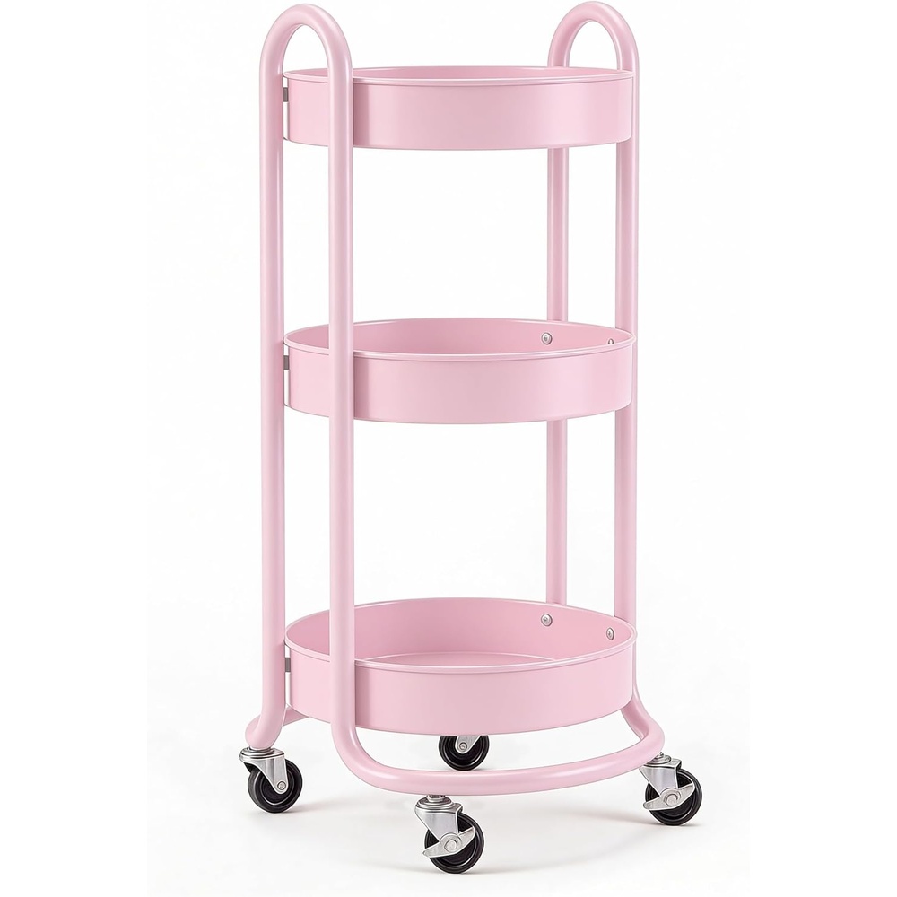 image:imageHOMESTEAD Round Rolling Cart 3 Tier Metal Utility Cart with Lockable Wheels 60 lb Heavy Duty Powder Coated Steel Frame 15 Diameter Storage Organizer for Living Room Kitchen Bedroom WhitePink
