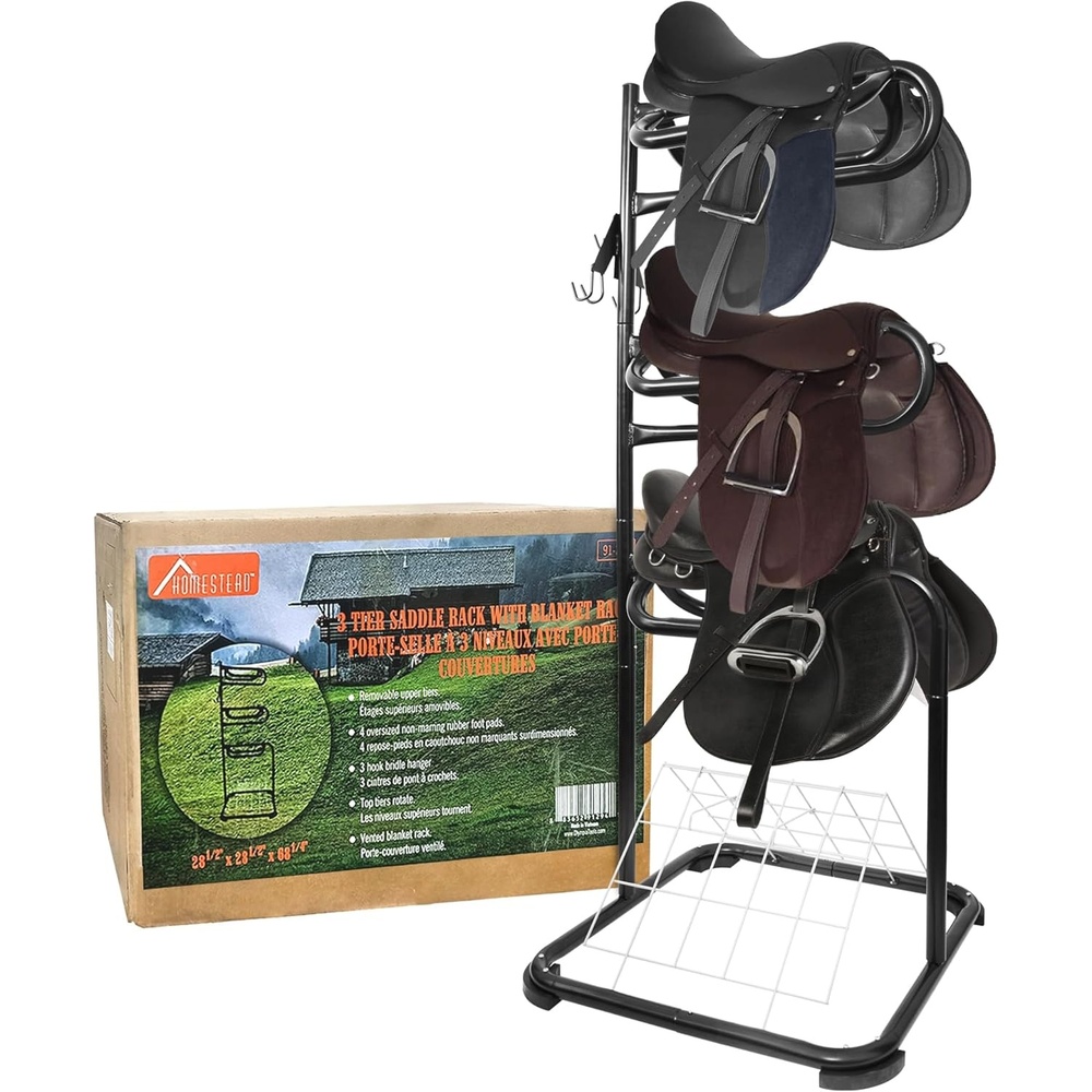 image:imageHomestead 220 Lbs Rolling Saddle Rack Cart with Basket Heavy Duty Saddle Stand for Western Horse Gear Organizers and Storage for Tack Room Bridle Horse Lovers Cowboy 3 Tier Saddle Rack Carts88 Lbs