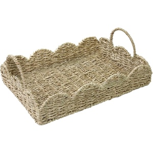 image:imageHOMESTEAD 100 Handmade Seagrass Scalloped Woven Tray with Handle Serving Tray Wicker Decor for Coffee Decoration Picnic Beach Fruits Table Decor Home Decor Kitchen Island Decor