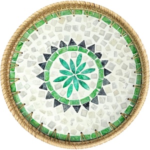 image:imageHOMESTEAD Boho Rattan Serving Tray  Round Decorative Wicker Ottoman Tray with Mother of Pearl Inlay for Coffee Table Kitchen and Home Storage Boho Sun