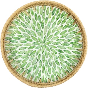 image:imageHOMESTEAD Boho Rattan Serving Tray  Round Decorative Wicker Ottoman Tray with Mother of Pearl Inlay for Coffee Table Kitchen and Home Storage Green Leaf