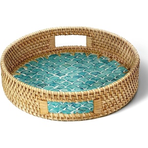 image:imageHOMESTEAD Boho Rattan Serving Tray  Round Decorative Wicker Ottoman Tray with Mother of Pearl Inlay for Coffee Table Kitchen and Home Storage Handle Sea Scales