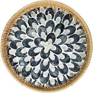 image:imageHOMESTEAD Rattan Serving Tray  Round Decorative Wicker Ottoman Tray with Mother of Pearl Inlay for Coffee Table Kitchen and Home Storage Plume