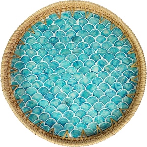image:imageHOMESTEAD Rattan Serving Tray  Round Decorative Wicker Ottoman Tray with Mother of Pearl Inlay for Coffee Table Kitchen and Home Storage Sea Scales