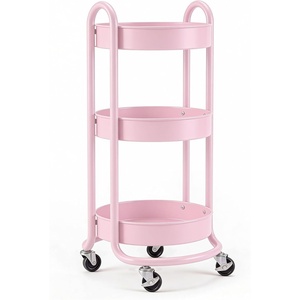 image:imageHOMESTEAD Round Rolling Cart 3 Tier Metal Utility Cart with Lockable Wheels  60 lb Heavy Duty Powder Coated Steel Frame 15 Diameter  Storage Organizer for Living Room Kitchen Bedroom WhitePink